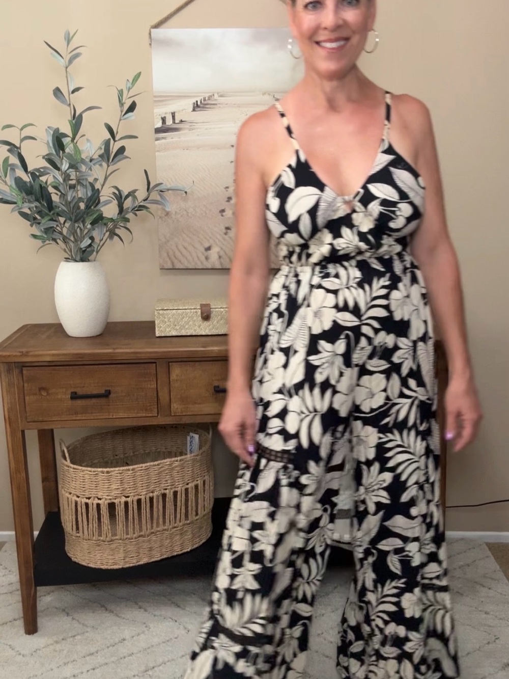 Women’s Black & Cream Floral Jumpsuit with tie back